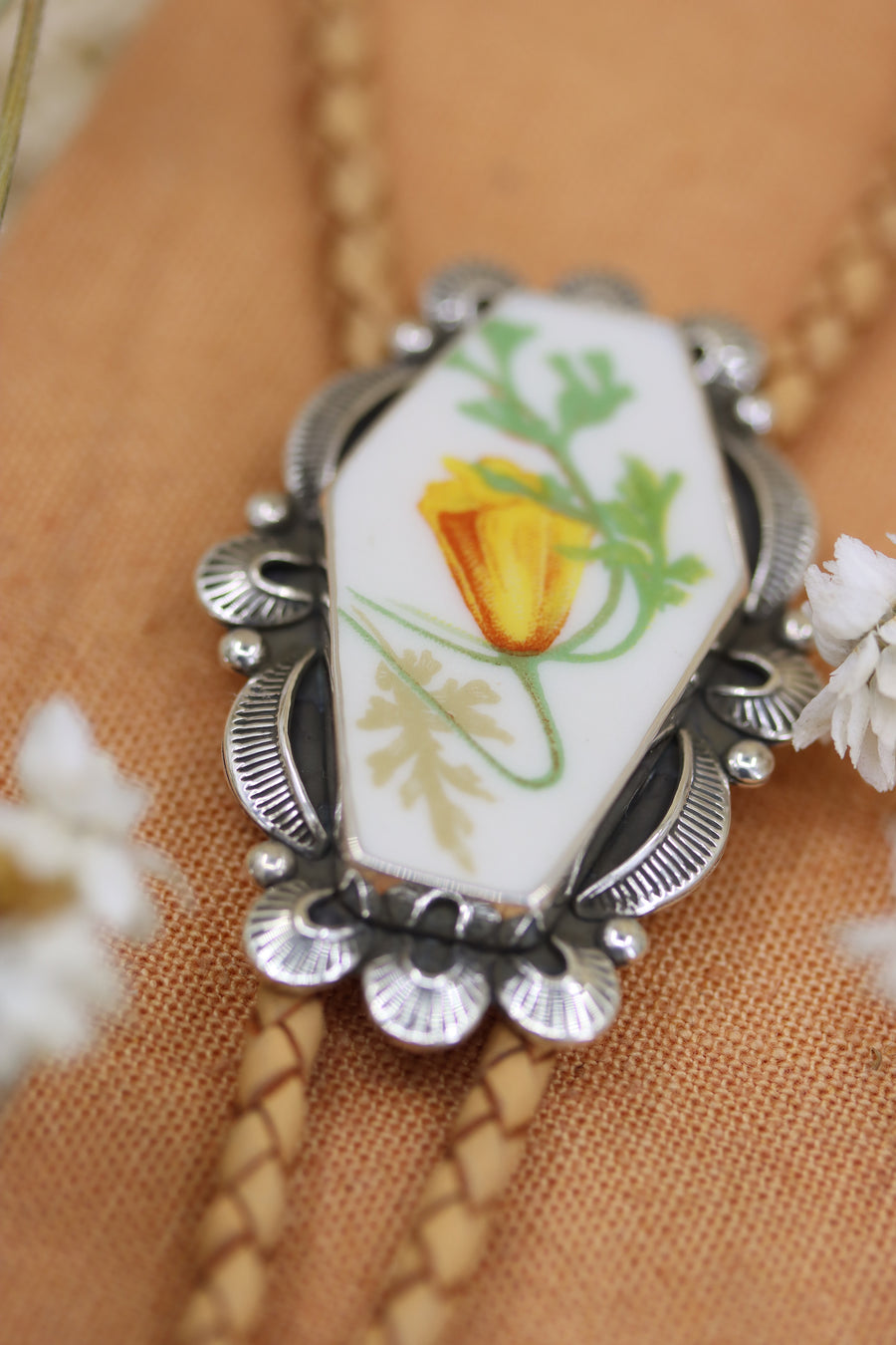 California Poppy Coffin Bolo Tie